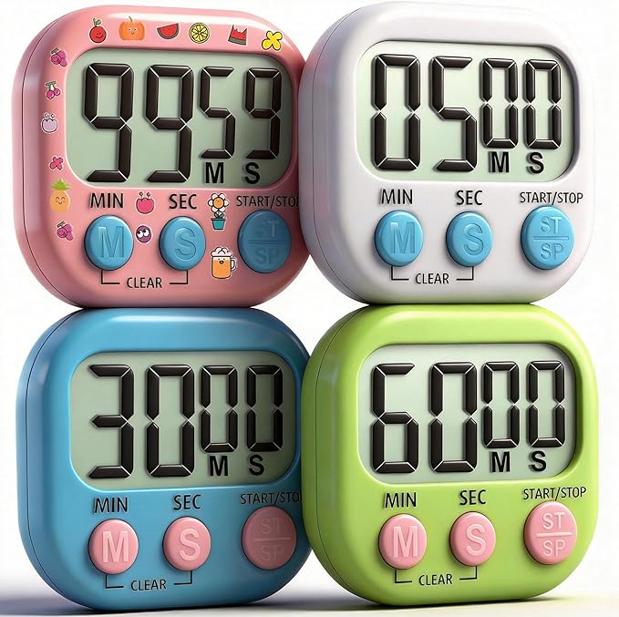 Antonki 4 Pack Digital Timer for Kids, Kitchen Timer for Cooking, Classroom, Study, Exercise with Countdown/Up Mode - Loud Alarm, Large Display - AAA Battery Operated (Not Included)