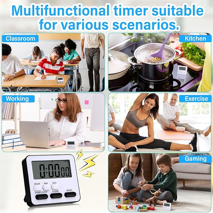 Leumoi 6 Pcs Digital Kitchen Timer 24 Hour Clock and Alarm Function Timer On/Off Switch Minute Second Count up Countdown Loud Alarm for Exercise Cook Baking(Black and White)