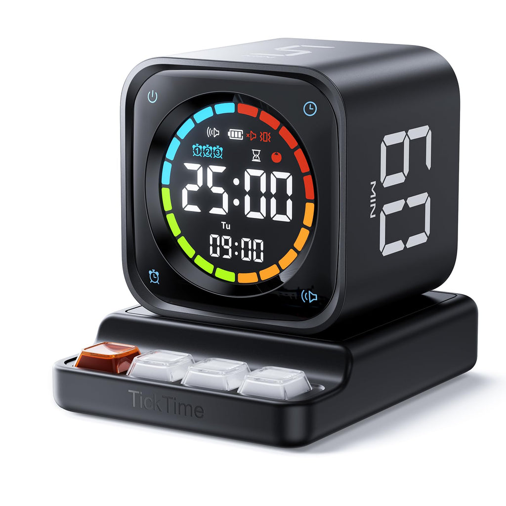 Ticktime TK3 Pomodoro Timer Cube | 25/5 Presets, Custom Countdown, 3 Alarms, Silent/Vibrate Alerts