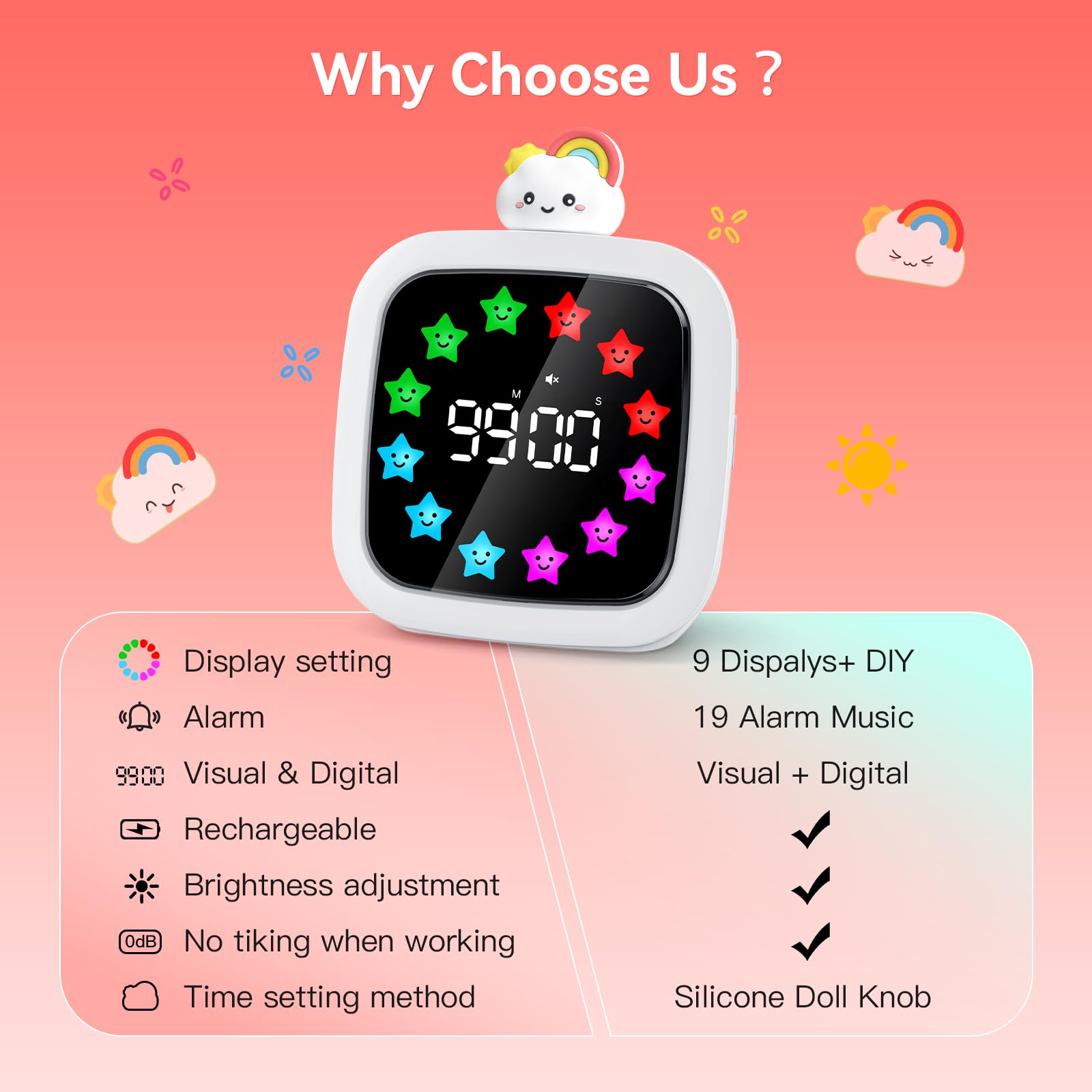 Yunbaoit Digital Visual Timer for Kids — 99-Minute Silent Countdown, 19 Ringtones, Rechargeable
